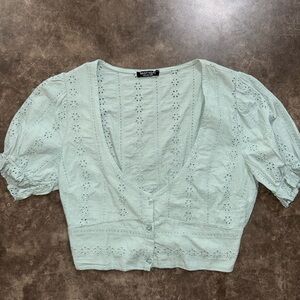Nasty Gal Mint Green Eyelet Cropped Button-Up Top